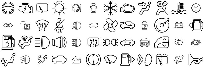 A Collection Of Car Indicator Line Icons Silhouette Vector Logo Design Containing Ac,Wash,Air-Vent-Direction,Car,Lamp Vector Illustration Linear Pictogram Pack