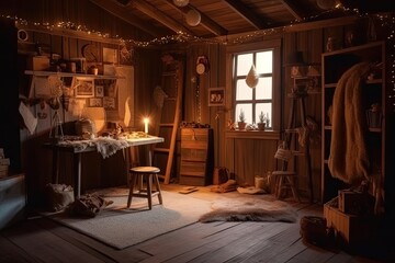 wooden cabin interior with lights