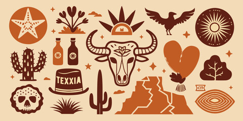 Linocut western boho set, Texas desert engraving print collection, vector canyon wildlife, cactus. Texture grunge Arizona rodeo graphics, bull, horse, snake, skull silhouette. Mystic linocut western