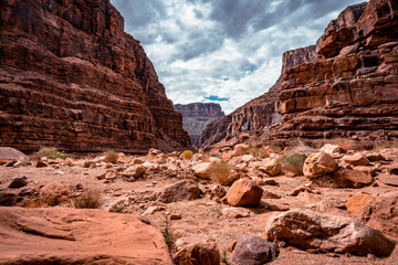 Fototapeta premium Grand Canyon National Park landscape with beautiful walls and mountains. Views of the Colorado River through the canyon valleys. Desert landscapes and rock formations. Serene landscapes and nature