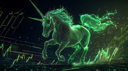 A green, wireframe unicorn runs across a digital landscape with data visualizations.