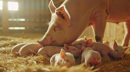 A mother pig nuzzles her adorable piglets as they rest together on a straw-covered floor in a warm, sunlit barn.