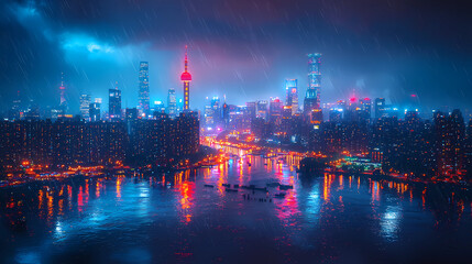 Naklejka premium A vibrant city skyline at night