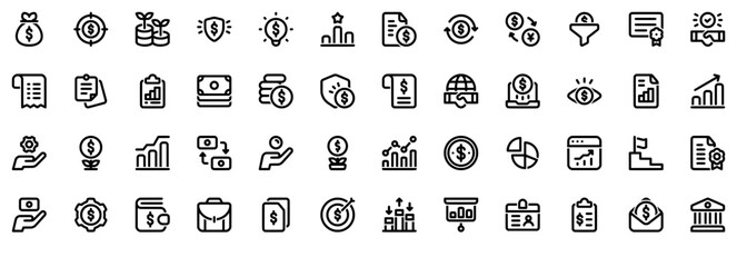 Set Of Business And Finance Outline Icons Web Header Banner Design Containing Dollar,Money,Finance,Business,Payment Solid Icon Collection. Vector Illustration