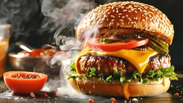 Steaming hot burger with cheese, tomato and pickles.