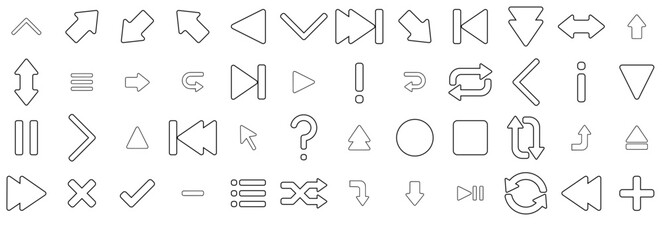 Set Of Basic Ui Outline Vector Symbols Apps, Websites Ui Designs Suitable For Arrow,Direction,Navigation,Multimedia,Right Vector Illustration Linear Pictogram Pack