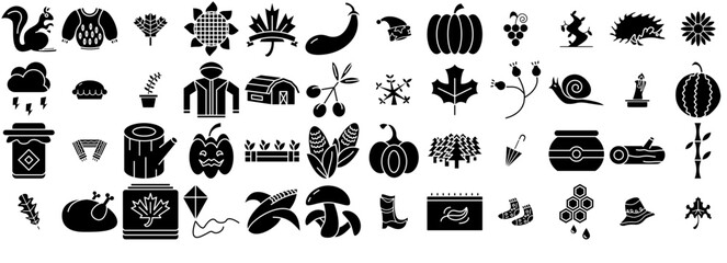 Set Of Linear Autumns Solid Icons Web Header Banner Design Containing Fruit,Plant,Fall,Autumn,Leaf Stroke Icon Collection. Vector Illustration