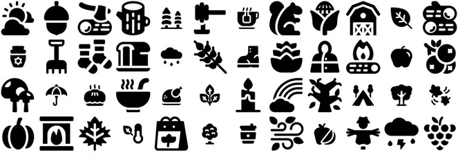 A Collection Of Autumn Solid Icons Silhouette Vector Logo Design Containing Nature,Fall,Autumn,Weather,Food Infographic Simple Vector Illustration Logo