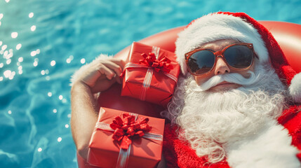 Merry Christmas holiday vacation winter greeting card concept, - Cool hipster Santa Claus with sunglasses and red gift boxes lying and relaxing on air mattress in swimming pool