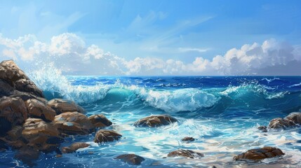 Fototapeta premium waves lapping against a rocky coastline, under the backdrop of a cloudless sky and clear blue waters.