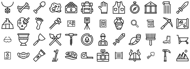 Set Of Archeology S Pixel Prefect Icons Silhouette Vector Logo Design Containing Archeology,Equipment,Tools,Discovery,Explore Solid Icon Collection. Vector Illustration