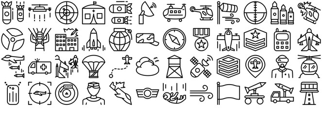 Set Of Air Force Icons Web Header Banner Design Containing Force,Army,Military,War,Rank Outline Icons Collection. Simple Vector Illustration