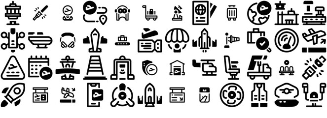 Set Of Airline Icons Silhouette Vector Logo Design Containing Airport,Plane,Flight,Airplane,Aviation Outline Icons Collection. Simple Vector Illustration