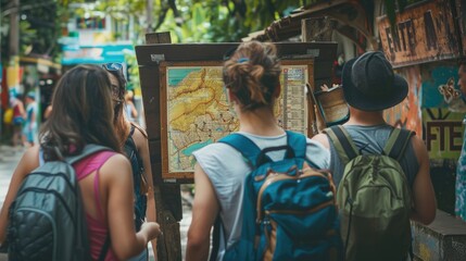 tourist hotspot where visitors gather around a map on a wooden signboard, eagerly planning their sightseeing itinerary.