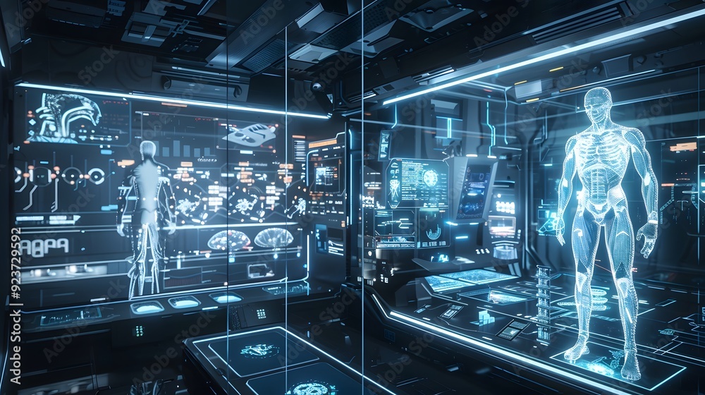 Poster a virtual laboratory filled with digital twins of real-world entities, each model displaying detaile