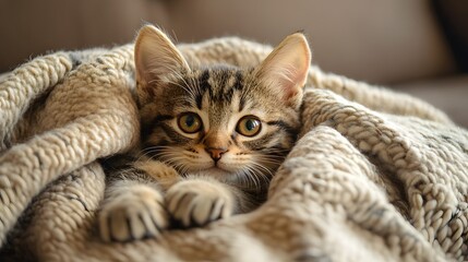 Kitten nestled in a soft blanket on a couch