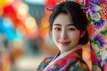 Fototapeta premium Crowd Celebrating New Year in Traditional North Korean Attire on the Streets. A Joyful and Vibrant Display of Ethnic Culture and Festive Spirit. Capturing the Unity and Cultural Pride of a Traditional