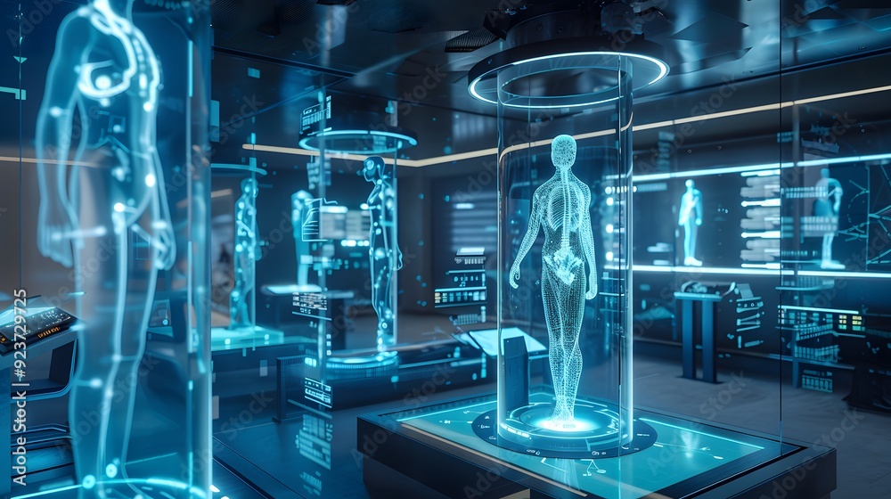 Poster a virtual laboratory filled with digital twins of real-world entities, each model displaying detaile