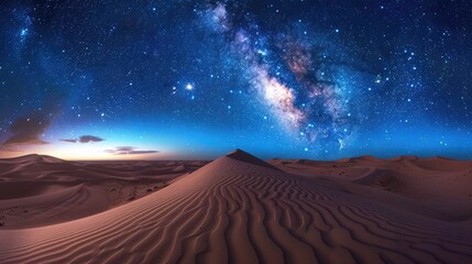 Describe the mystical allure of a remote desert landscape at dusk, capturing the shifting hues of sand dunes and the vast expanse under a star-studded sky.