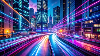 Futuristic City Skyline with Neon Light Trails - Cyberpunk Aesthetic and Abstract Architecture in Vibrant Colors