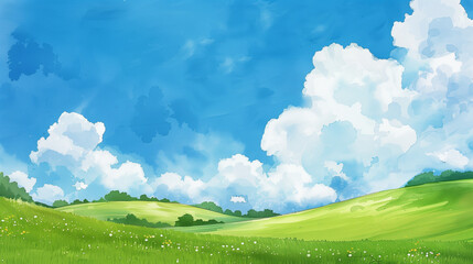 A painting picture of clear blue sky with a few fluffy white clouds floating peacefully.	
