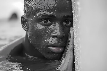 A visually impaired swimmer touching the wall.