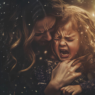portrait of an affraid mother and her daughter