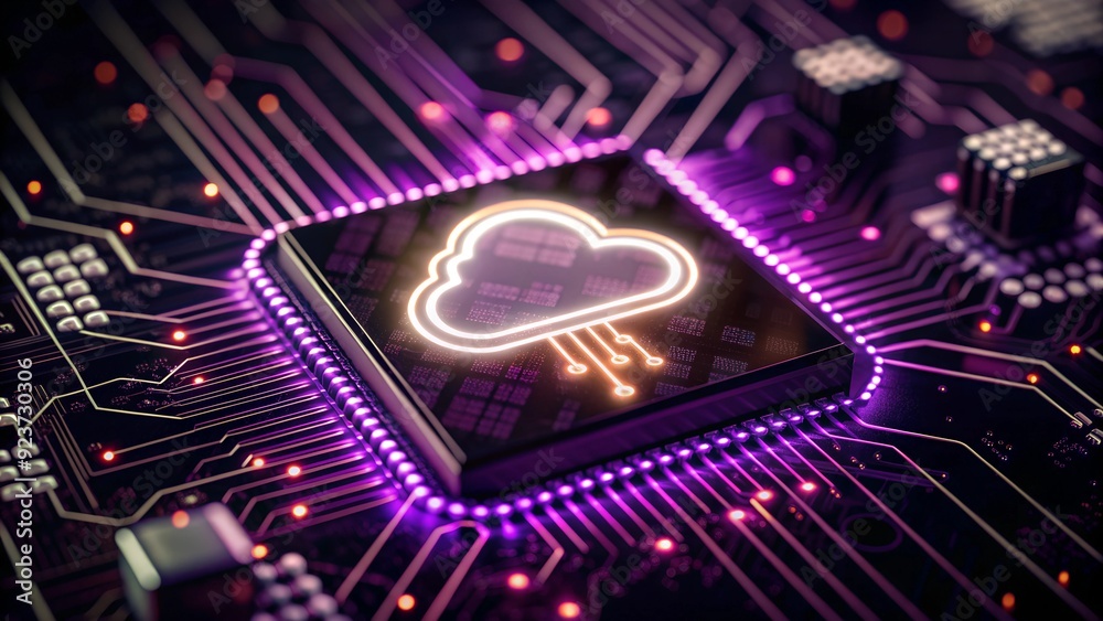 Poster an artistic representation of a cloud computing concept, featuring a microchip with a cloud symbol, 
