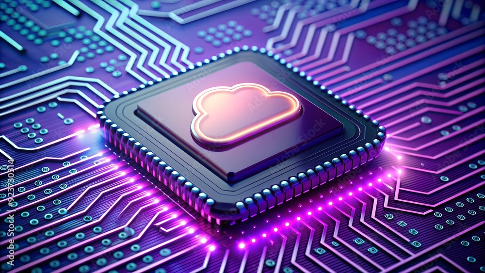 Poster an artistic representation of a cloud computing concept, featuring a microchip with a cloud symbol, 