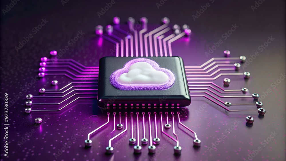 Poster an artistic representation of a cloud computing concept, featuring a microchip with a cloud symbol, 