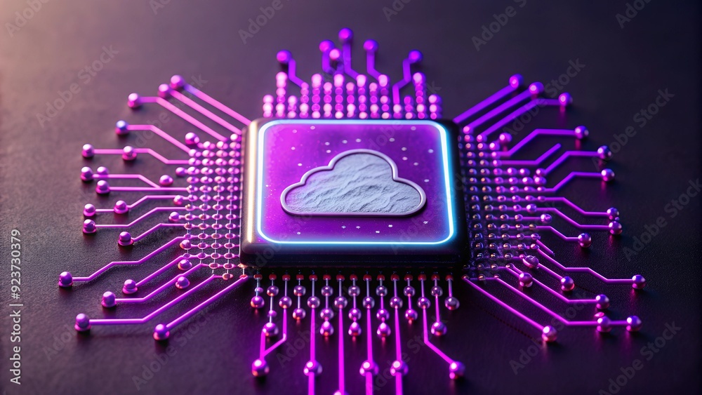 Poster an artistic representation of a cloud computing concept, featuring a microchip with a cloud symbol, 