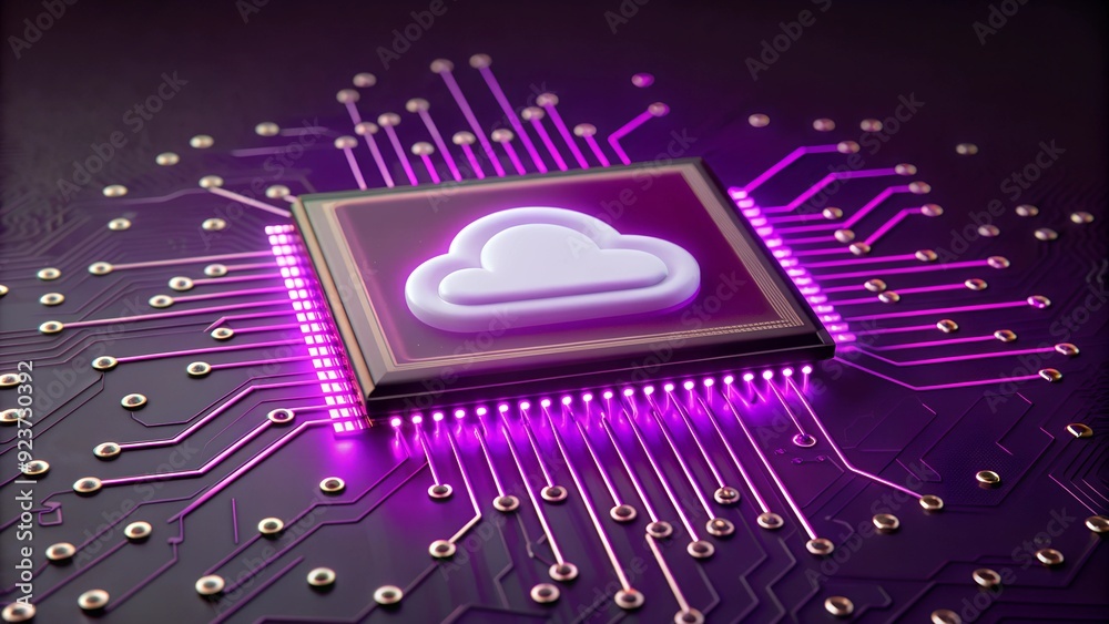 Poster an artistic representation of a cloud computing concept, featuring a microchip with a cloud symbol, 