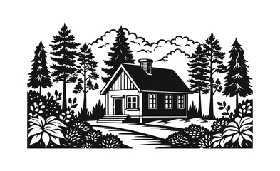 charming rural house silhouette amidst a peaceful, vector silhouette