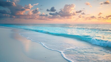 Fototapeta premium traveler's first encounter with a secluded beach where the azure sea meets powdery white sands.