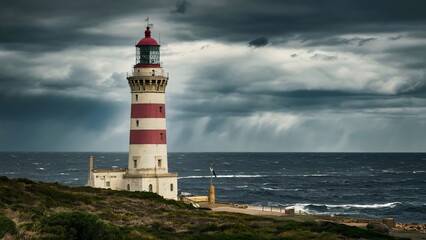 Naklejka premium A silhouette of a lighthouse at sunset appears on a beach by the ocean on a cloudy, stormy day.