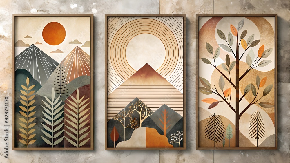 Fototapete modern framed artwork trees and branches with abstract shapes and geometric patterns in earthy tones