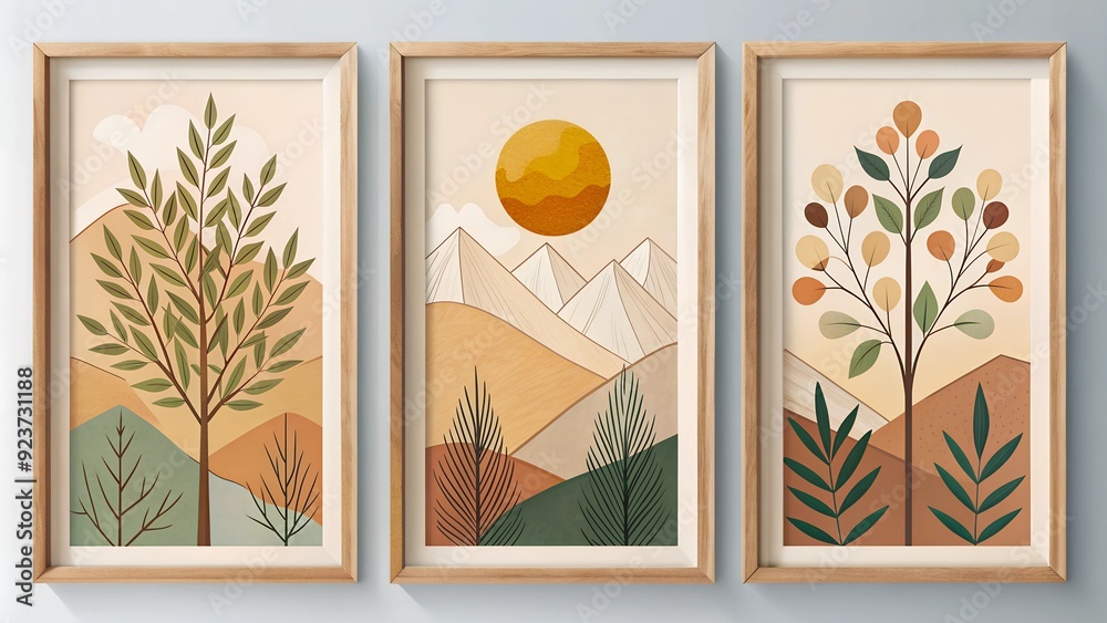Fototapete Modern Framed Artwork Trees and Branches with Abstract Shapes and Geometric Patterns in Earthy Tones