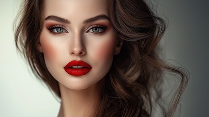 Fototapeta premium Portrait of a fashion model with deep blue eyes, strong eyebrows, and bold red lips.