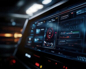 Fototapeta premium Futuristic control panel showcasing advanced technology and data visualizations in a modern interface.