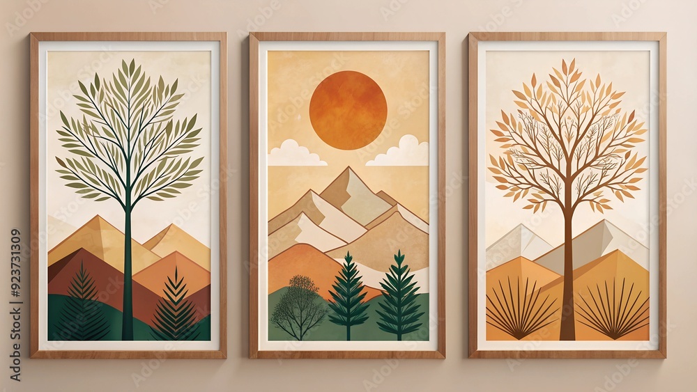 Fototapete modern framed artwork trees and branches with abstract shapes and geometric patterns in earthy tones
