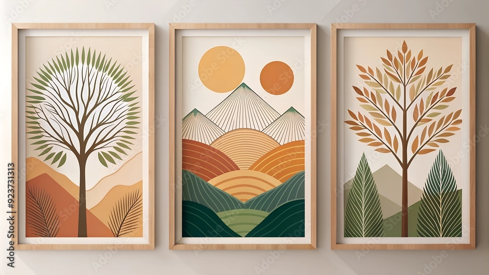 Fototapete modern framed artwork trees and branches with abstract shapes and geometric patterns in earthy tones