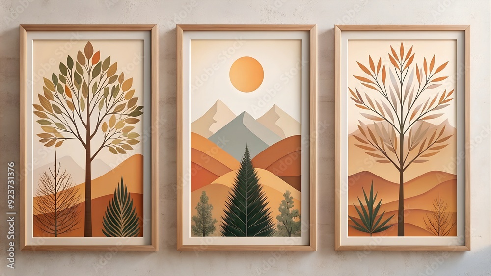 Fototapete Modern Framed Artwork Trees and Branches with Abstract Shapes and Geometric Patterns in Earthy Tones