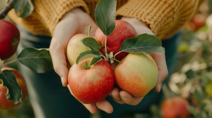 Autumn's Bounty: A close-up of hands cradling freshly picked apples, radiating the warmth and abundance of the harvest season. 