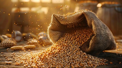 A burlap sack overflowing with different types of grains, spilling onto a wooden table, with the warm glow of morning light enhancing the rich textures and colors. Photorealistic, high-definition,