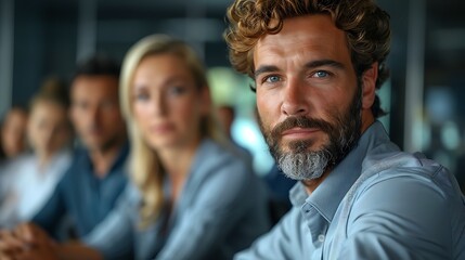A close-up photograph of a panel interview, focus on the candidate's nervous expression and the attentive interviewers, modern conference room with minimalist decor, bright ambient light, hd quality,