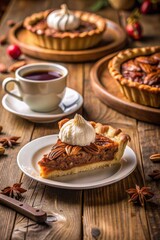 Porción de pastel de nuez pecana con crema batida servida junto a una chimenea encendida.