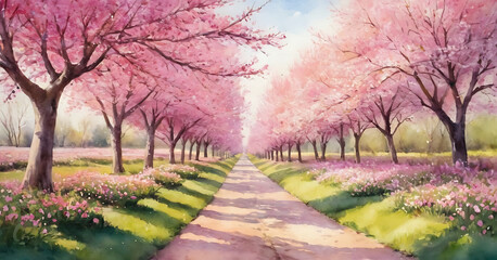 Naklejka premium A picturesque path lined with blossoming cherry trees, creating a tunnel of soft pink petals. Perfect for spring-themed designs, romantic projects, or promoting travel to scenic destinations