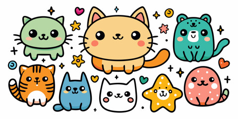Cute doodle animals vector set, kids scribble kawaii cats, cartoon kitten bear smile funny stars. Naive comic pets hand drawn illustration happy playful character sticker. Marker crayon doodle animals