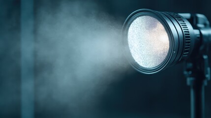 A powerful spotlight shines through a misty and dark ambiance, creating an etherial, dramatic scene filled with mystery, intrigue, and a touch of suspense.
