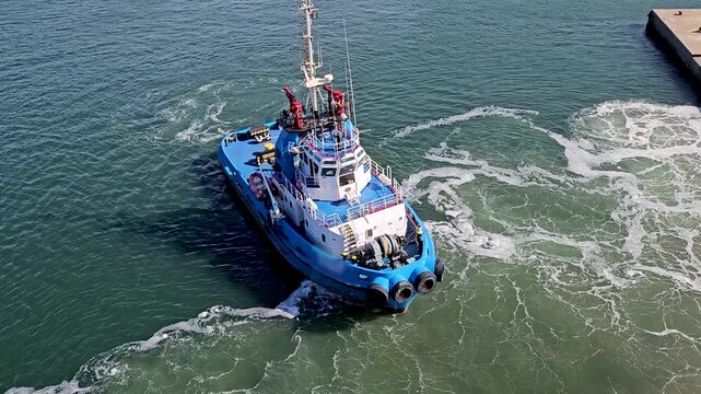 A tugboat in port stands ready alongside the ship waiting to provide support
